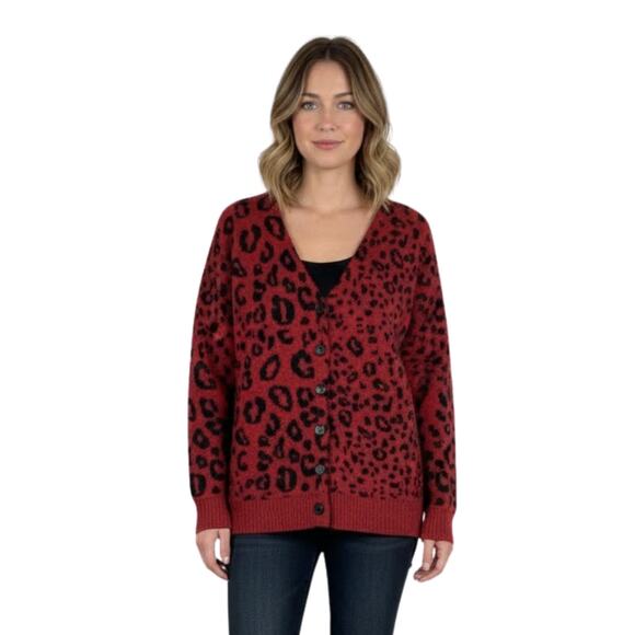 The Kooples Sweaters - The Kooples Red Leopard Cardigan S Merino Wool Blend Mobwife Animal Print Button